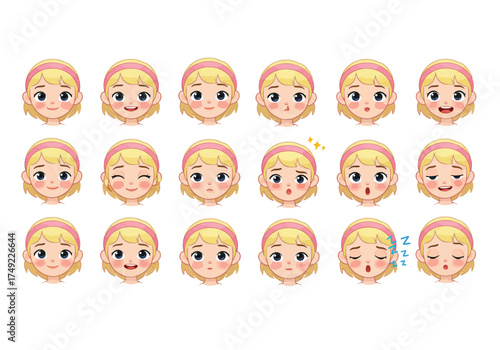 Set of cute cartoon girl facial expressions and emotions.