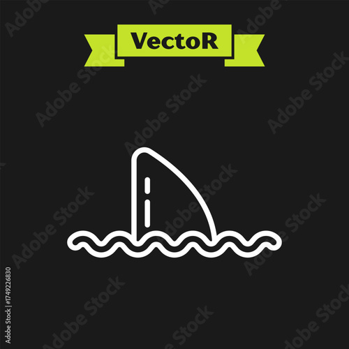 White line Shark fin in ocean wave icon isolated on black background. Vector