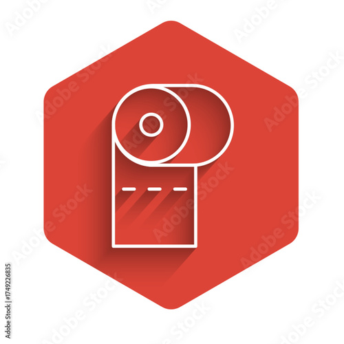 White line Toilet paper roll icon isolated with long shadow. Red hexagon button. Vector Illustration