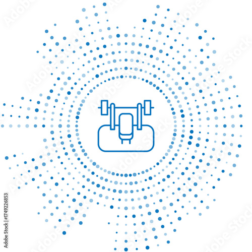 Blue line Bench with barbel icon isolated on white background. Gym equipment. Bodybuilding, powerlifting, fitness concept. Abstract circle random dots. Vector