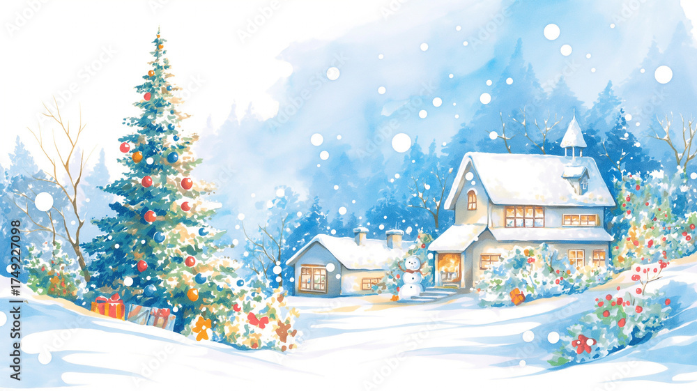 Fototapeta premium ロマンチックな冬の夜とクリスマスの空気を描いた幻想風景イラスト 街灯りと雪が織りなす静かな時間をイメージした抽象的な季節素材