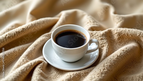 a cozy scene with a cup of coffee placed on top of a textured surface, which appears to be a blanket