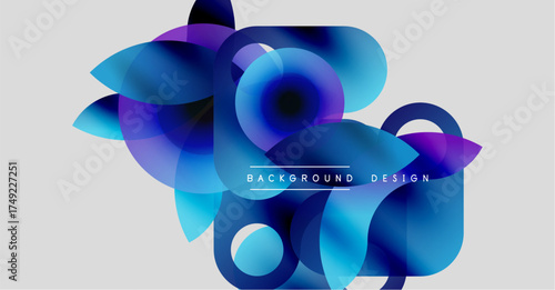 Abstract floral design. Overlapping translucent shapes create vibrant blue, purple hues. Modern background element.
