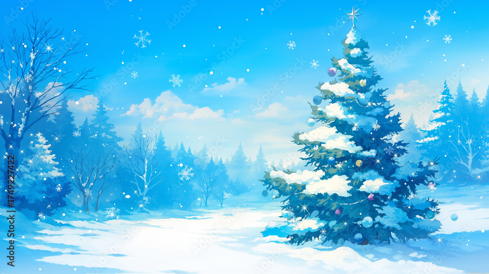 Fototapeta premium 冬の静けさとクリスマスの温もりを感じさせる幻想的な風景イラスト 雪景色の中にきらめく光が優しさを添える抽象的な季節の背景素材