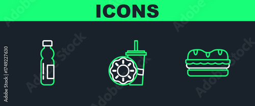 Set line Sandwich, Bottle of water and Paper glass with drinking straw donut icon. Vector