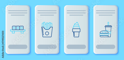 Set line Potatoes french fries in carton package box, Ice cream waffle cone, Sushi cutting board and Paper glass with drinking straw and burger icon. Vector