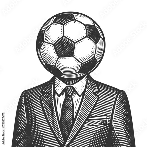 man wearing a formal suit with a soccer ball for a head, blending surrealism with sports and business themes sketch engraving generative ai vector illustration. Scratch board. Black and white image.