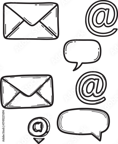 vector set of mail icons contact icons, communication, email, envelope, at sign, @ symbol, speech bubble, chat icon, doodle, line art, hand drawn, sketch, vector, outline, messaging, mail icon, social