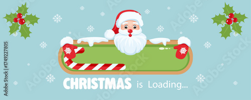 Christmas loading bar with cute Santa Claus peeking over a candy cane countdown. Xmas holiday  banner. Vector illustration