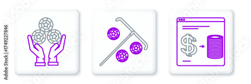 Set line Online casino chips exchange on stacks of dollars, Hand holding and Stick for icon. Vector