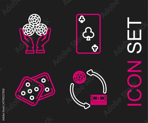 Set line Casino chips exchange on stacks of dollars, Game dice, Playing card with clubs symbol and Hand holding casino icon. Vector