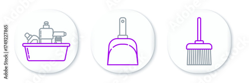 Set line Handle broom, Plastic bottles for liquid dishwashing liquid and Dustpan icon. Vector
