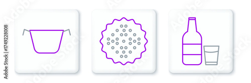 Set line Glass bottle with milk and glass, Cooking pot and Cracker biscuit icon. Vector