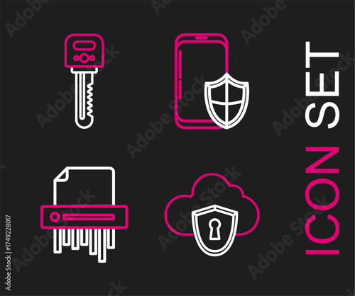 Set line Cloud and shield, Paper shredder confidential, Smartphone with security and Key icon. Vector