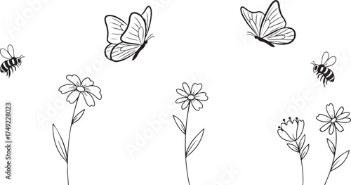 Butterflies, Bees, and Flowers Line Art | Spring Insect Doodles Vector

Hand Drawn Pollinator Sketches | Simple Bugs and Flora Outline Clipart

Black and White Outline: Butterfly and Bee Doodles 