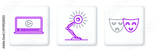Set line Comedy and tragedy theatrical masks, Online play video and Table lamp icon. Vector