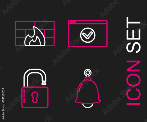 Set line Ringing bell, Open padlock, Secure your site with HTTPS, SSL and Firewall, security wall icon. Vector
