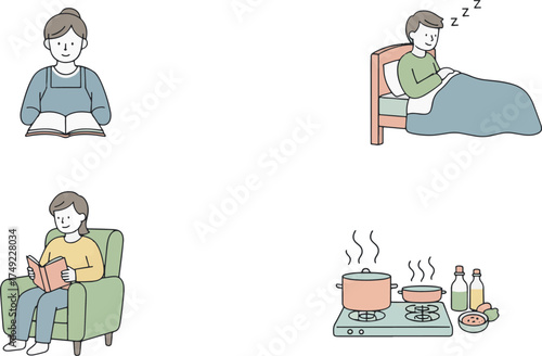 Daily Routine Vector Character Icon Set — Flat People Illustrations in Soft Pastel Colors, Morning to Night Activities
