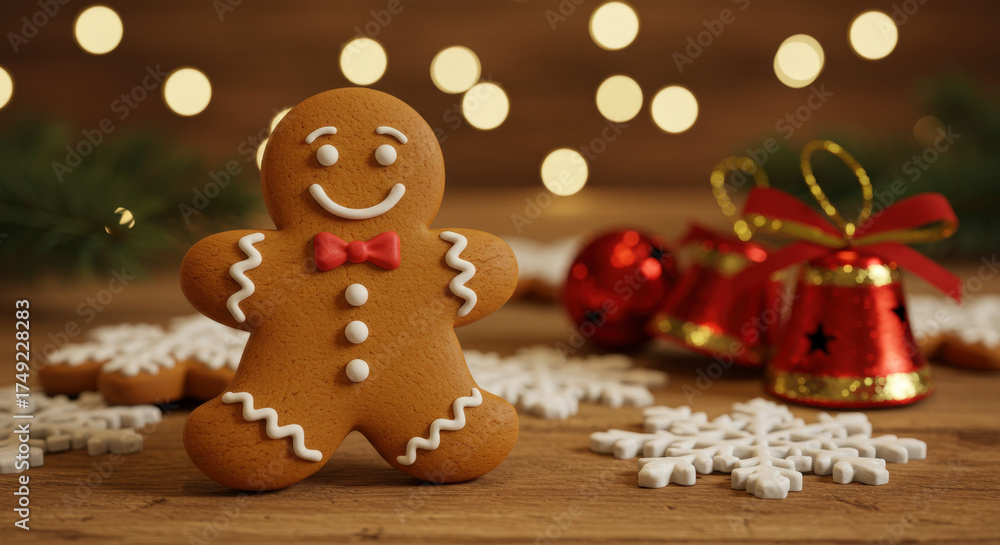 Fototapeta premium Christmas Scene with Gingerbread Man and Red Ornaments