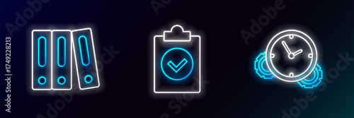 Set line Time Management, Office folders with papers and documents and Completed task icon. Glowing neon. Vector