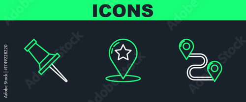 Set line Route location, Push pin and Map pointer with star icon. Vector