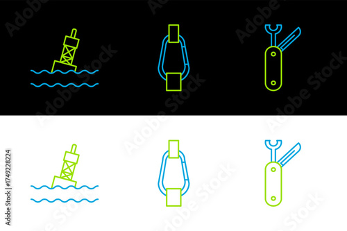 Set line Swiss army knife, Floating buoy on the sea and Carabiner icon. Vector
