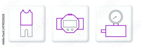 Set line Gauge scale, Wetsuit for scuba diving and Diving watch icon. Vector
