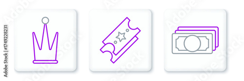 Set line Stacks paper money cash, Crown and Lottery ticket icon. Vector