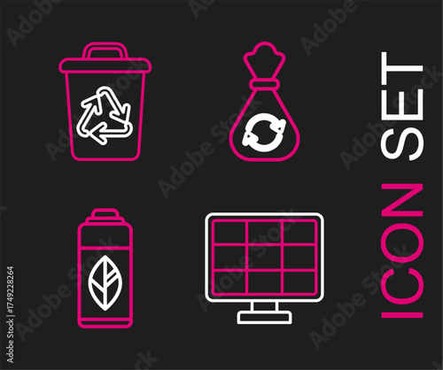 Set line Solar energy panel, Recycling plastic bottle, Garbage bag with recycle and Recycle bin symbol icon. Vector
