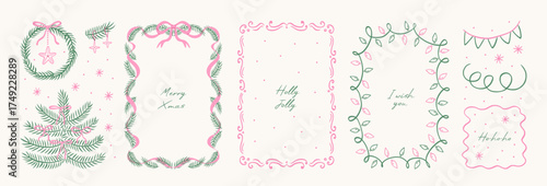 Vintage hand drawn Christmas borders and decorations. Xmas tree in bows, holiday wreath. Frames with branches Xmas tree, ribbons, garlands. Line art in pink and green for poster, card, invitation.
