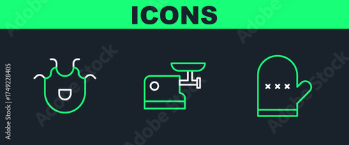 Set line Oven glove, Kitchen apron and meat grinder icon. Vector