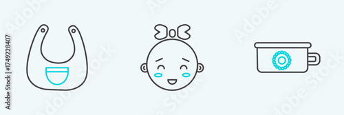 Set line Baby potty, bib and Happy little girl head icon. Vector