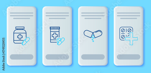 Set line Medicine bottle and pills, or tablet, and Pills blister pack icon. Vector