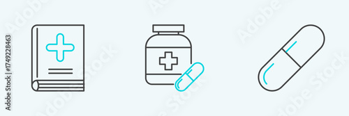 Set line Medicine pill or tablet, Medical book and bottle and pills icon. Vector