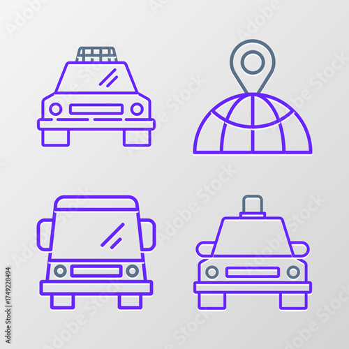 Set line Taxi car, Car, Location on the globe and icon. Vector
