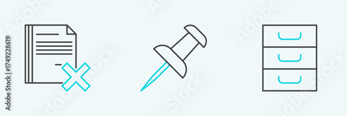 Set line Drawer with documents, Delete file and Push pin icon. Vector
