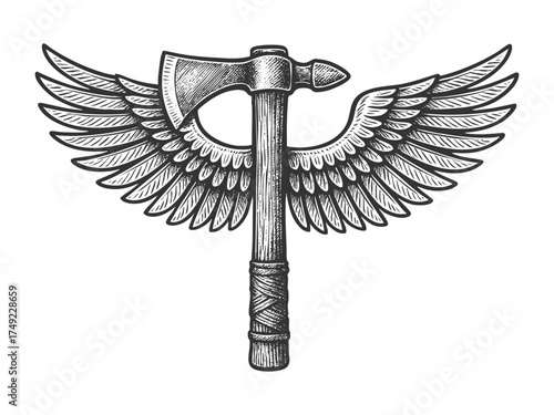 tomahawk axe with wings, symbolizing freedom, power, flight, and warrior spirit sketch engraving generative ai vector illustration. Scratch board imitation. Black and white image.