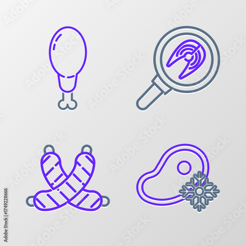 Set line Fresh frozen steak meat, Crossed sausage, Fish in frying pan and Chicken leg icon. Vector