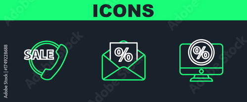 Set line Percent discount and monitor, Telephone 24 hours support and Envelope with interest icon. Vector