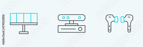 Set line Air headphones, Solar energy panel and Motion sensor icon. Vector