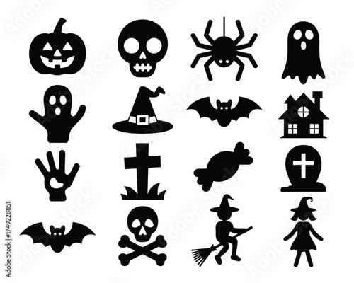 Set of 16 black halloween themed vector icons scalable illustration eps graphic elements silhouette