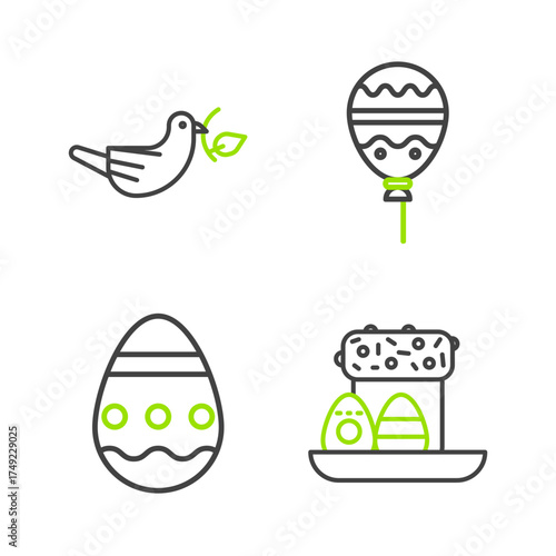 Set line Easter cake and eggs, Balloons with ribbon and Peace dove olive branch icon. Vector