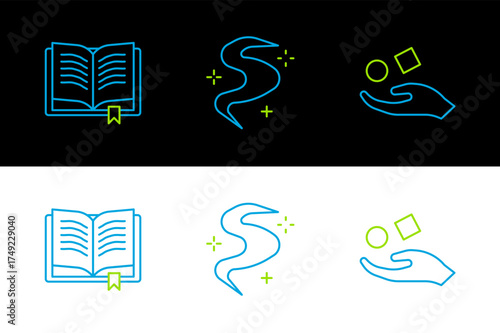 Set line Cube levitating above hand, Ancient magic book and Magic fog or smoke icon. Vector