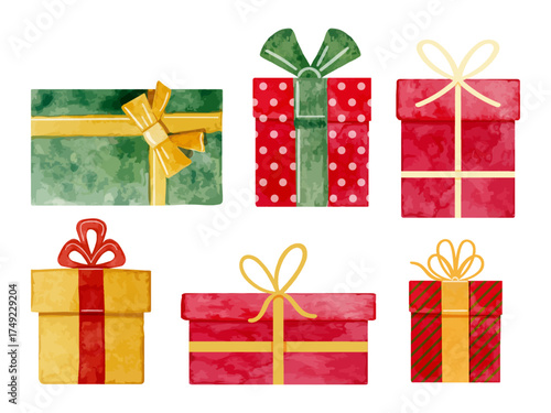 Watercolor vector set of colorful gift boxes with ribbons and bows. Festive hand-painted holiday illustration in red, green, and gold tones.