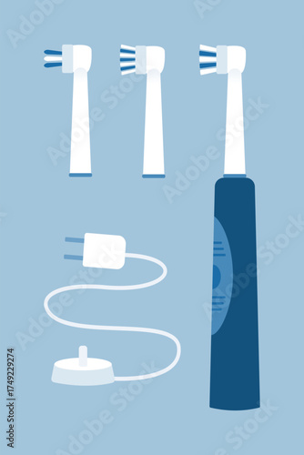 Electric toothbrush with charger and replacement brush heads.