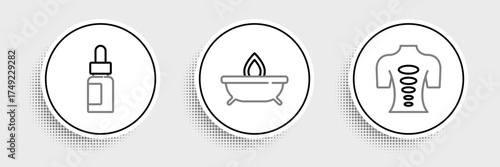 Set line Massage stone therapy, Essential oil bottle and Aroma candle icon. Vector