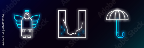 Set line Umbrella, Christmas angel and Cemetery digged grave hole icon. Glowing neon. Vector