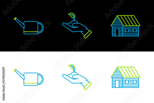 Set line Farm house, Watering can and Sprout hand of environmental protection icon. Vector