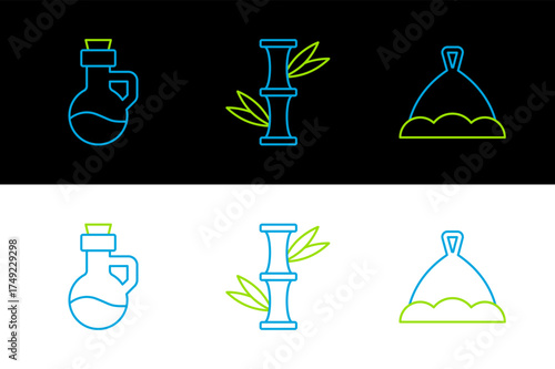 Set line Sauna hat, Essential oil bottle and Bamboo icon. Vector