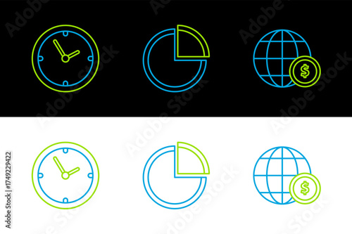 Set line Earth globe with dollar symbol, Clock and Pie chart infographic icon. Vector